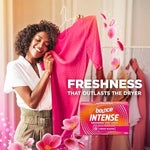 Back label of Bounce Intense dryer sheets showing official ingredients and usage directions.