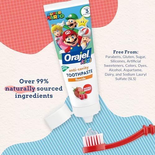 Back label of Orajel Super Mario toothpaste showing naturally sourced ingredients