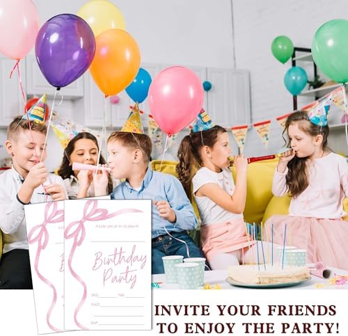 Complete packaging of JUPXB pink ribbon bow birthday party invitations twenty count