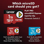Lexar 1 Terabyte Play PRO memory card packaging showcasing speed specifications for handheld gaming consoles.