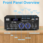Romicta 2 channel home theater power amplifier rear panel displaying optical coaxial RCA inputs and speaker terminals