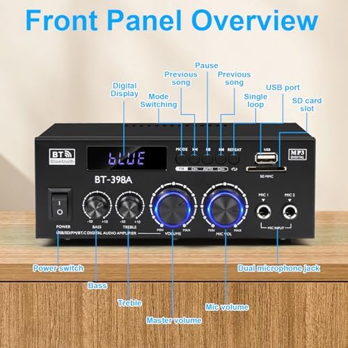 Romicta 2 channel home theater power amplifier rear panel displaying optical coaxial RCA inputs and speaker terminals
