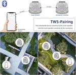 NiceBuy wireless stone speakers with top solar panels receiving direct sunlight in a garden setting