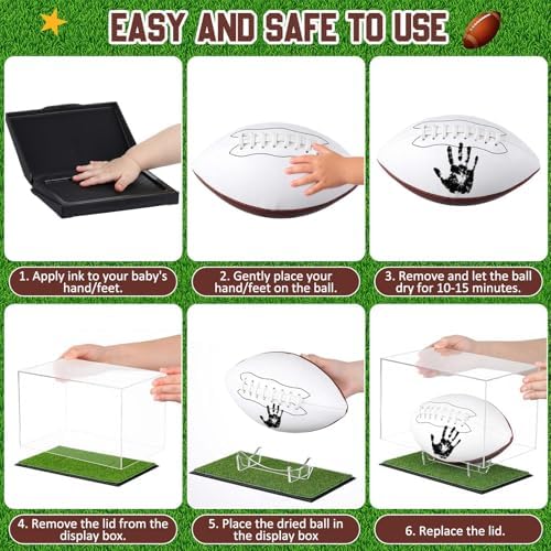 White and brown size three mini football decorated with a unique infant footprint design