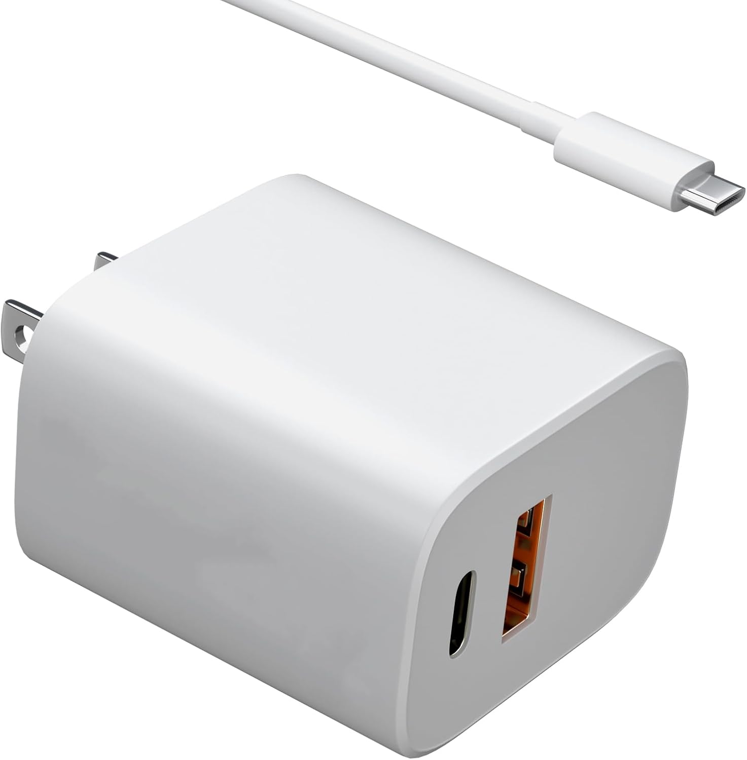 BIYTC USB Type C Fast Charging Power Adapter front view showing sleek white compact design and dual ports.