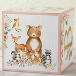 Close up of gold printed BABY letters on pink forest boxes