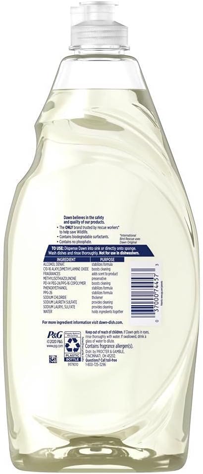 Dawn Antibacterial Hand Soap Dishwashing Liquid Lemon 24 Fluid Ounce bottle back label ingredients