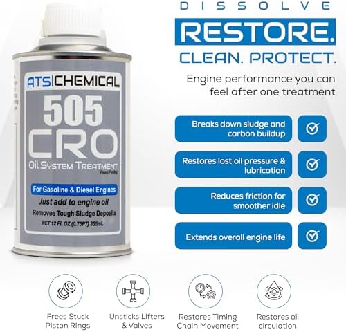 Side view of ATS Chemical 505 CRO engine oil treatment bottle