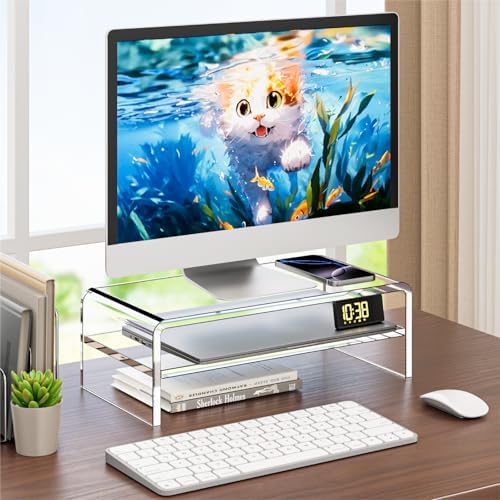 Egchi clear acrylic monitor stand holding a printer and organizing office stationery in an organized workspace