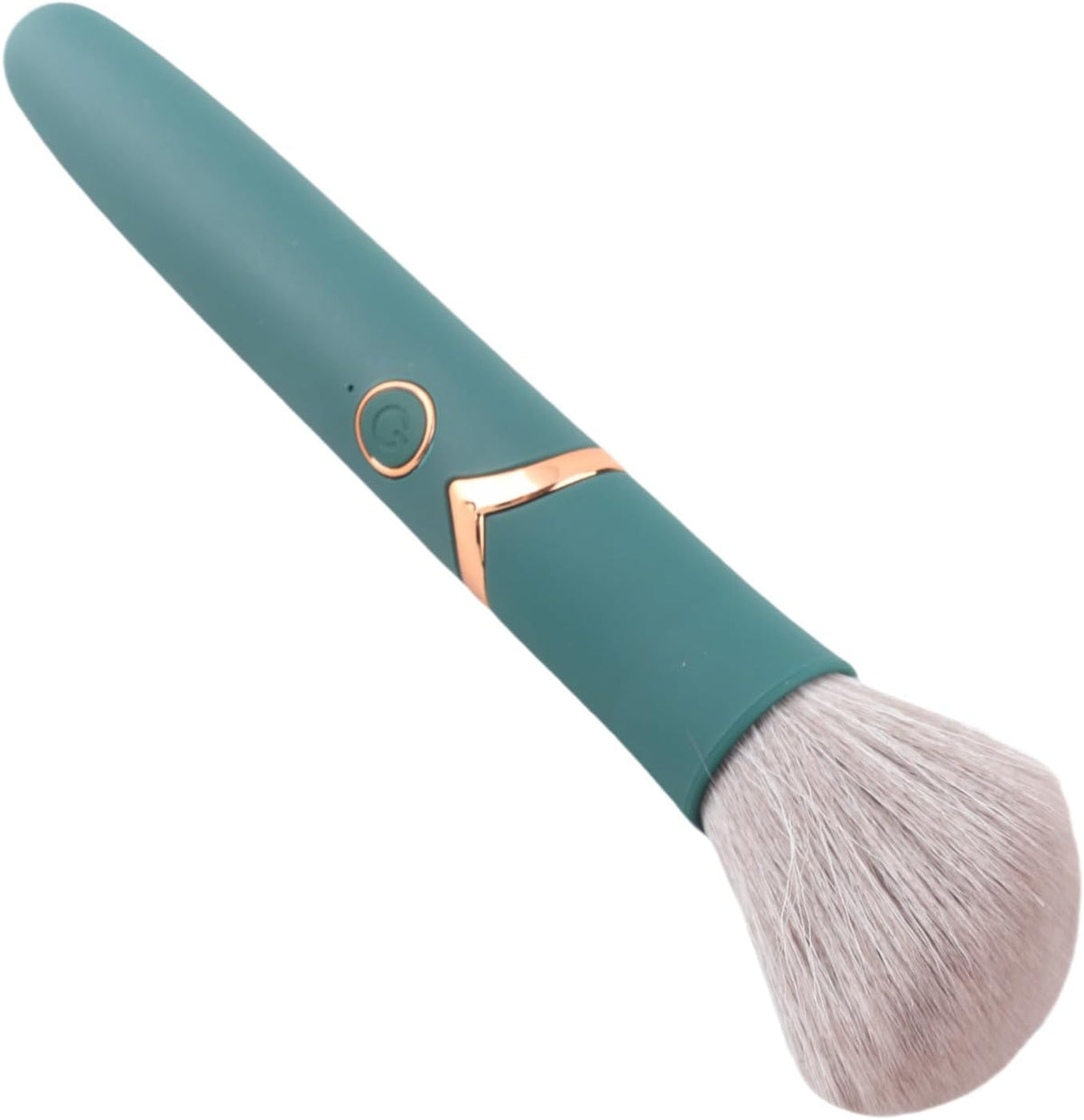 Dioche electric makeup brush front view featuring a vibrant green handle with premium rose gold accents and dense soft bristles.