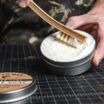 Handmade in USA Otter Wax leather care ingredients shown in tin