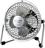 Comfort Zone imported mini personal fan complete packaging contents including the silver metal fan and AC wall adapter