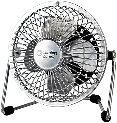 Comfort Zone imported mini personal fan complete packaging contents including the silver metal fan and AC wall adapter