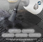 Pneumatic car upholstery cleaning gun showcasing the interchangeable standard and bristle trumpet attachments.