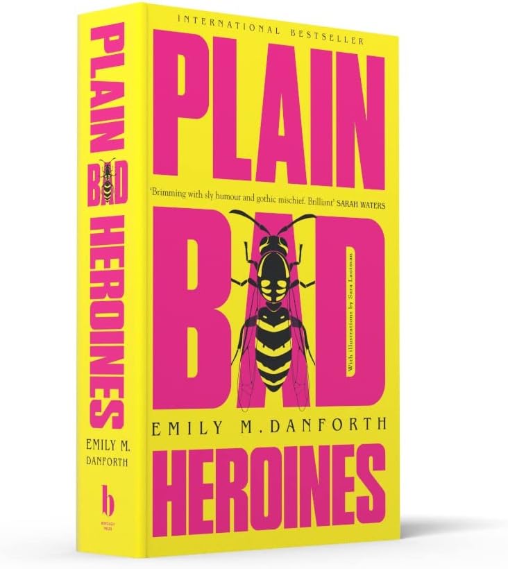 Side angle view of Plain Bad Heroines novel showing page thickness and paperback binding