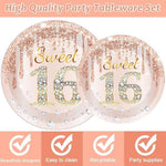 Close up of rose gold Sweet 16 dinner plates