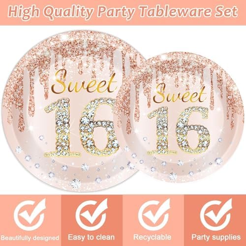 Close up of rose gold Sweet 16 dinner plates