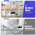 Xpatee white metal mesh wire basket under table holding a heavy power strip and multiple device adapters for safety