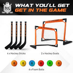 Ace Hockey four player knee hockey kit containing orange and black goals with foam balls.