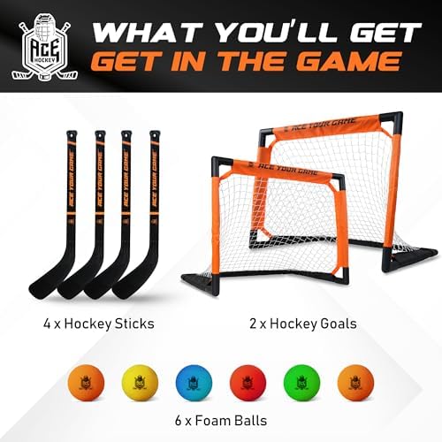 Ace Hockey four player knee hockey kit containing orange and black goals with foam balls.