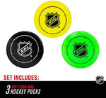 Franklin Sports indoor knee hockey pucks assorted colors showing authentic logos