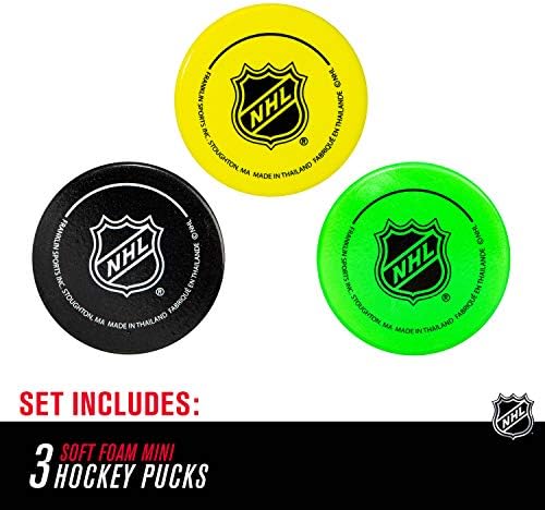 Franklin Sports indoor knee hockey pucks assorted colors showing authentic logos