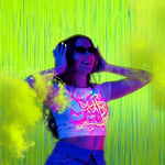 Live streamer background featuring the reflective Mega-Loopolis neon tinsel curtains under studio lighting