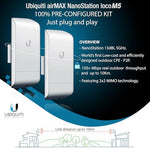 Two paired Ubiquiti Loco M5 wireless bridge devices displayed together with included PoE injectors.