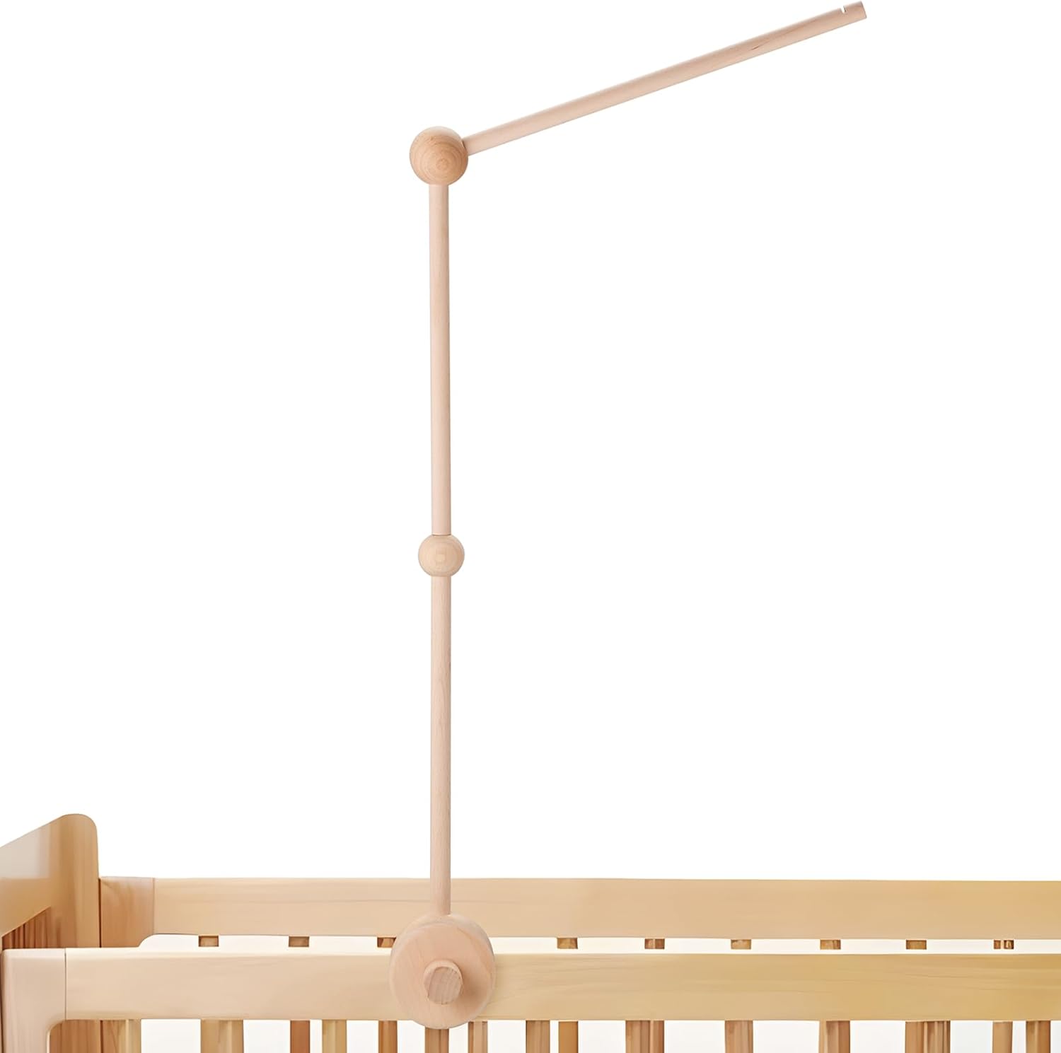 PandaEar beech wood baby crib mobile arm front view attached to a modern nursery cot