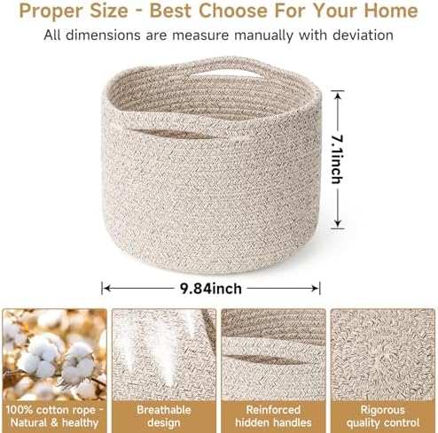 Three pack of round brown woven organizing bins highlighting the seamless hidden handles for easy lifting