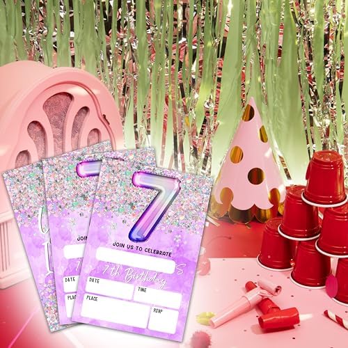 Double sided purple and pink glitter birthday invitations stationery set.
