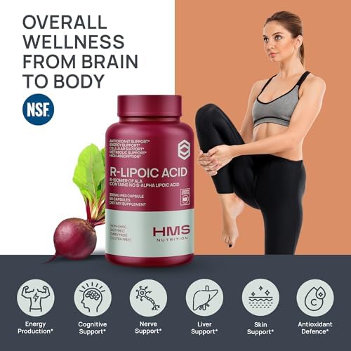 USA imported HMS Nutrition stabilized R alpha lipoic acid bottle showing gluten free and soy free badges
