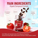 Close up view of the antioxidant rich red softgels next to the Wins Town product bottle.