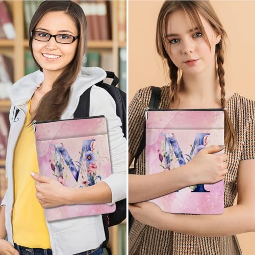 Close up of the letter M floral monogram on pink book cover protector