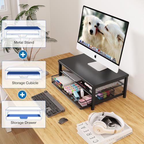 OPNICE black metal monitor stand side profile emphasizing the non slip adjustable padding on the feet
