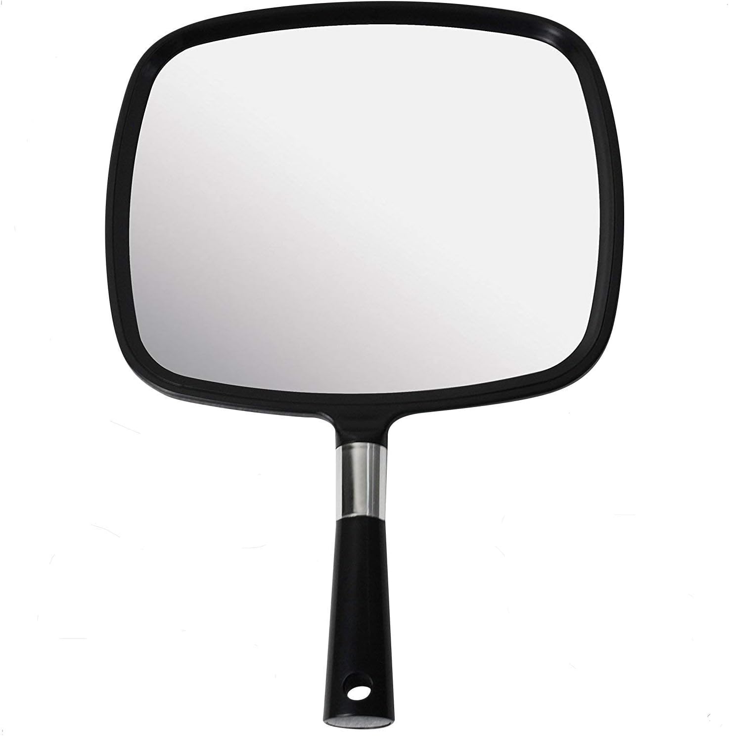 Mirrorvana Large Hand Mirror front view featuring the black ergonomic handle and wide rectangular glass.