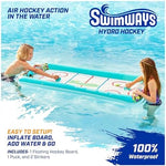 SwimWays floating water hockey board with blue strikers and green puck close up view