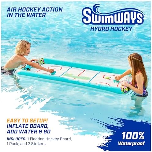 SwimWays floating water hockey board with blue strikers and green puck close up view