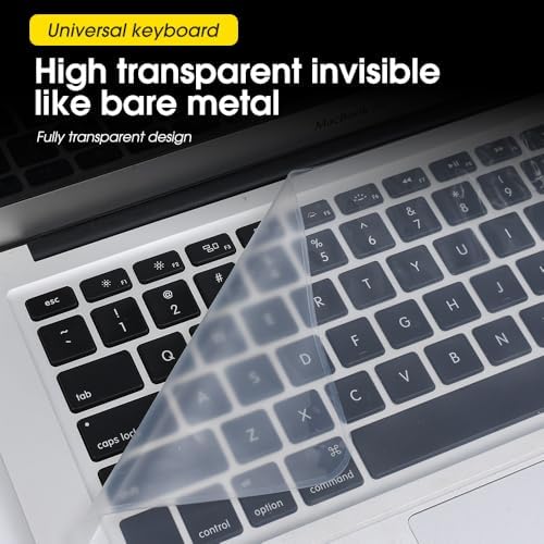 Universal dust protector membrane overlaying keys on an open fourteen inch laptop
