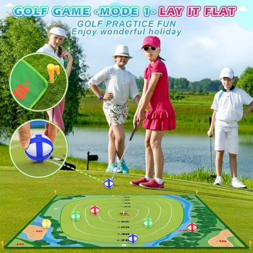 Family playing indoor golf chipping game in a living room setting
