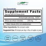 Eidon Liquid Silica 2 Fluid Ounces supplement bottle showing nutritional information and ionic ingredients