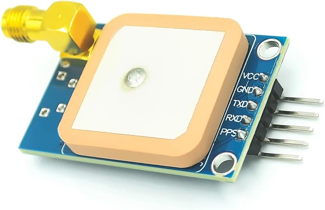 HiLetgo NEO-7M GPS module showing ceramic antenna and pins