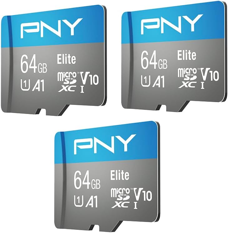 PNY 64GB Elite MicroSDXC Flash Memory Card three-pack retail packaging front view showcasing high-speed mobile storage capabilities.