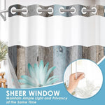 Teal daisy flowers and butterfly print on wooden background shower curtain close up