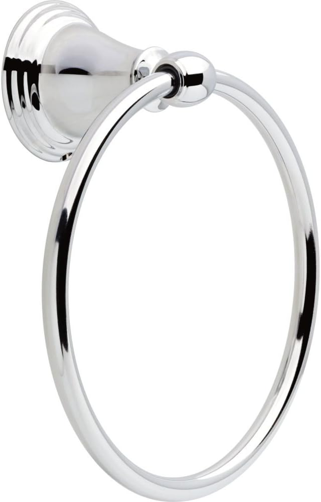Delta hand towel holder front view featuring polished chrome ring