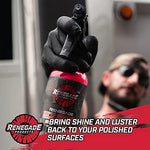 Close up view of the fine abrasive liquid metal cleaner detailing spray bottle from Renegade Products USA.