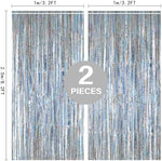 Premium silver metallic tinsel backdrop measuring three point two feet by eight point two feet.