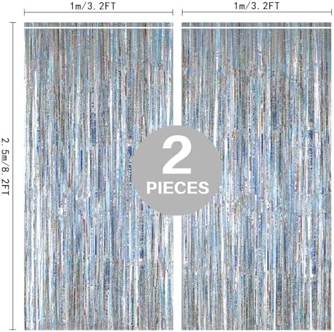 Premium silver metallic tinsel backdrop measuring three point two feet by eight point two feet.