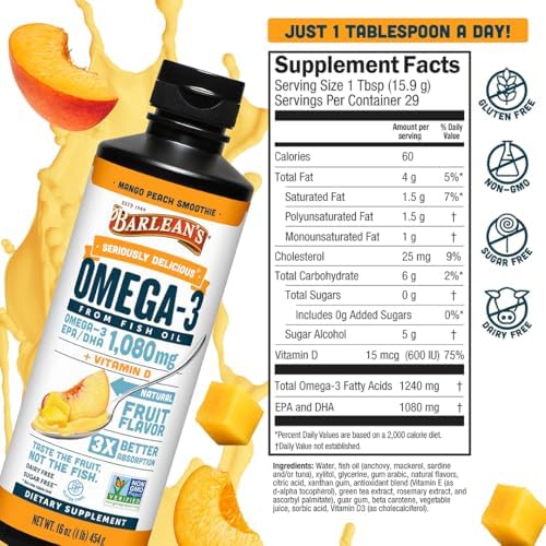 Side view of Barlean's 16 Ounce liquid supplement showing non GMO and sugar free certifications