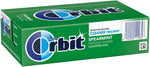 Individually wrapped pieces of Orbit Spearmint chewing gum arranged next to the open pack.